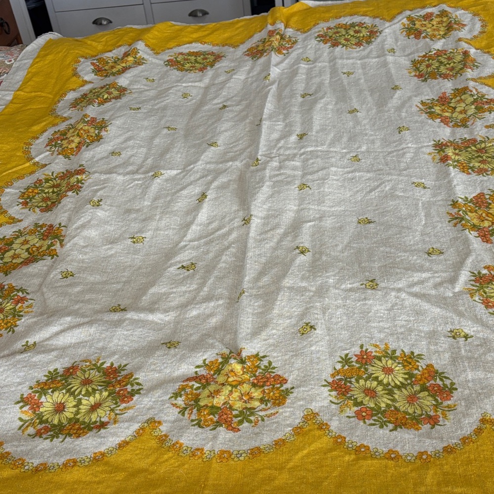 Vintage linen floral tablecloth